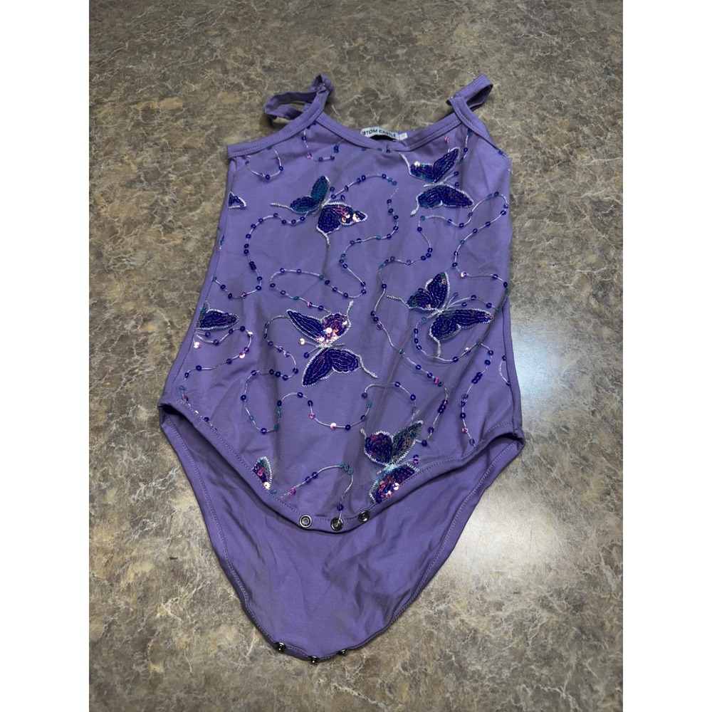 IBTOM CASTLE Kids Purple Butterfly Sequin Embroidered Leotard Bodysuit Size 140